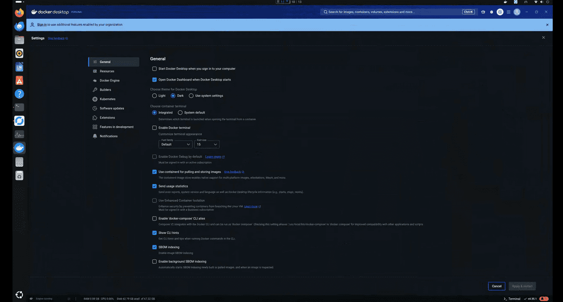 linux docker desktop settings